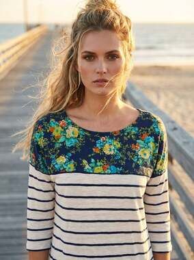 Postmark Anthropologie Floral & Stripe Mixed Media Top Size Small